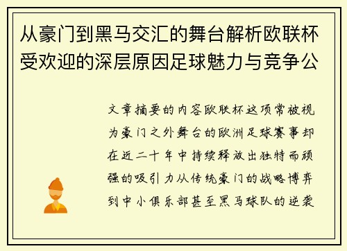 从豪门到黑马交汇的舞台解析欧联杯受欢迎的深层原因足球魅力与竞争公平性